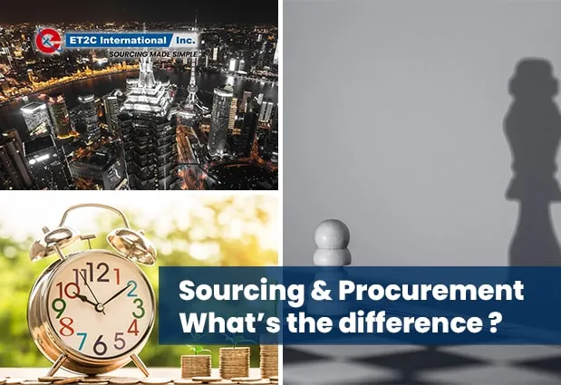 ET2C International banner reading “Sourcing & Procurement: What’s the difference?”, with an aerial view of Shanghai at night, an alarm clock beside stacks of coins and a chess pawn casting the shadow of a king