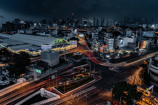 an aerial view of a thailand city at night.