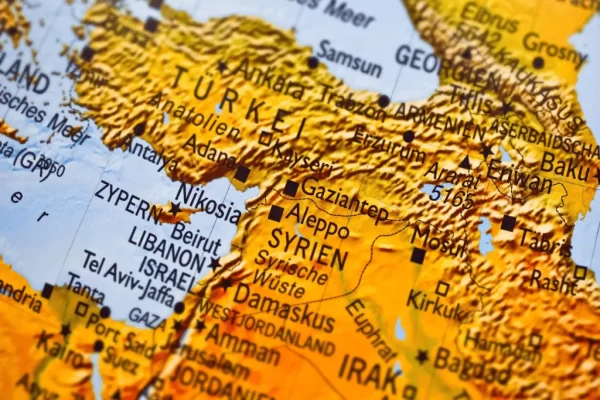 Close-up of a relief map centred on Turkey, showing the eastern Mediterranean, the Middle East and the Caucasus
