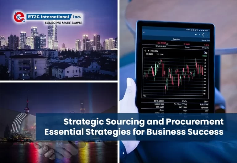 ET2C International banner reading “Strategic Sourcing and Procurement: Essential Strategies for Business Success”, with a city skyline at dusk, a handshake over a night-time waterfront and a tablet showing a market chart