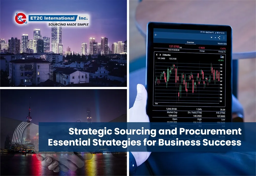 ET2C International banner reading “Strategic Sourcing and Procurement: Essential Strategies for Business Success”, with a city skyline at dusk, a handshake over a night-time waterfront and a tablet showing a market chart