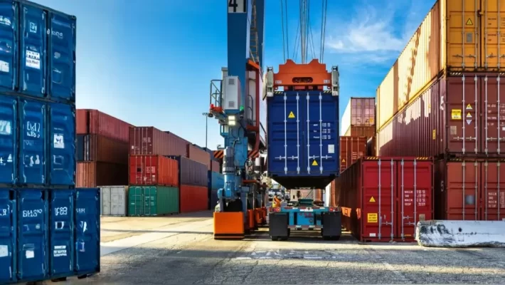 Cargo containers being loaded at a shipping port