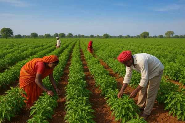 Indian farmers working in agricultural fields supporting export growth under India–EU FTA 2026
