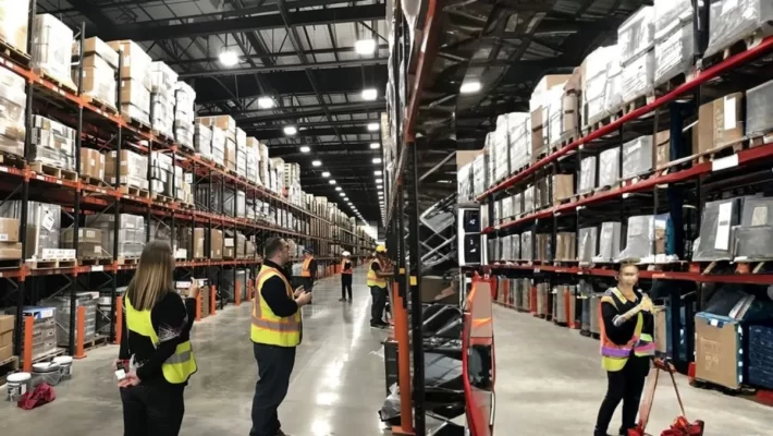 Buying office team inspecting products during factory production.