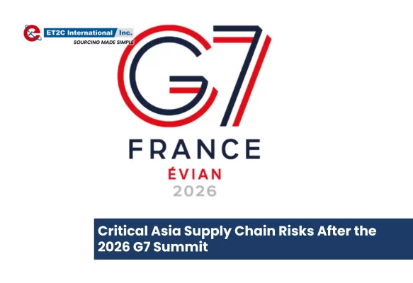 G7 France 2026 summit logo highlighting Asia supply chain risk, global sourcing challenges, trade policy changes, and supply chain de-risking strategies.