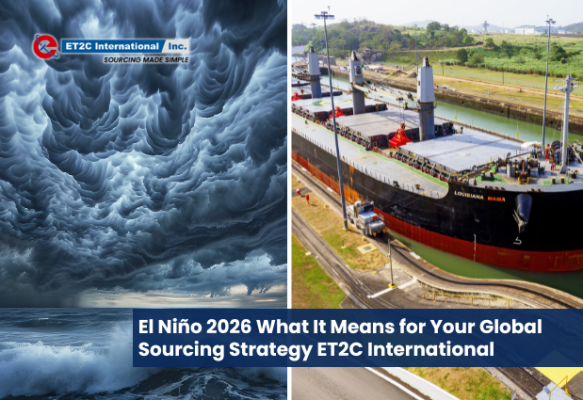 Composite image showing severe El Niño storm conditions and a cargo ship transiting the Panama Canal, illustrating climate-related risks to global sourcing, shipping routes, and supply chain resilience in 2026.