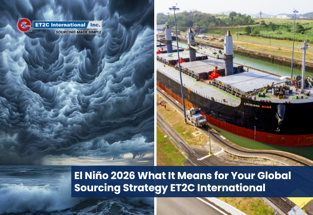 Composite image showing severe El Niño storm conditions and a cargo ship transiting the Panama Canal, illustrating climate-related risks to global sourcing, shipping routes, and supply chain resilience in 2026.