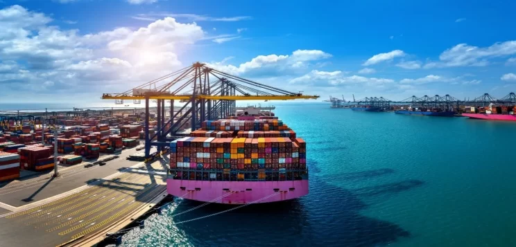 Container ship at an international port supporting global supplier sourcing and overseas manufacturing supply chains.