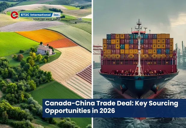 Split image of Canadian farmland and a container ship illustrating the Canada-China trade deal, global sourcing opportunities, supply chain diversification and changing logistics routes in 2026.