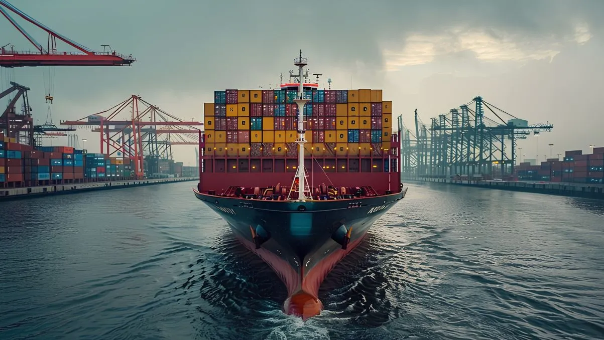 Container ship at an international port representing China sourcing, changing logistics routes and global sourcing in 2026.