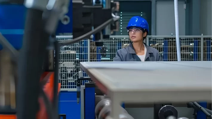 Factory worker overseeing modern production equipment in India’s expanding manufacturing sector.