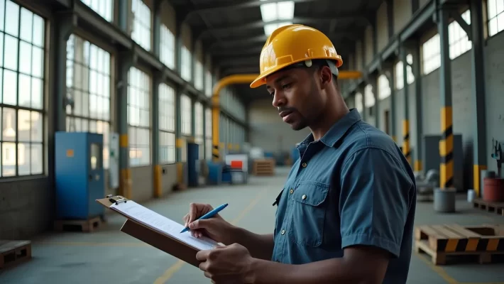 Inspector assessing supplier operations for supply chain mapping and procurement visibility.