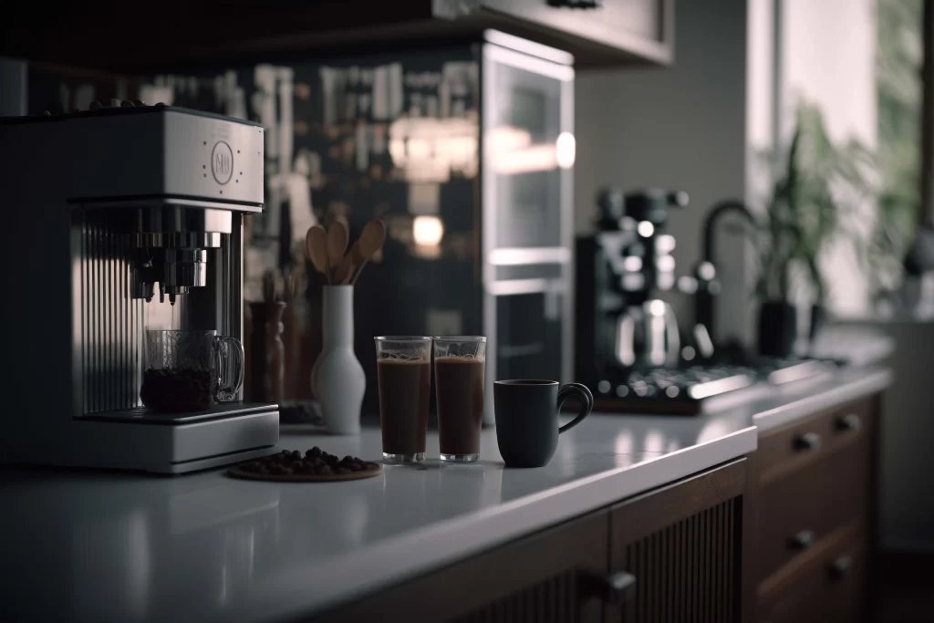 Automatic coffee machine preparing fresh coffee on a stylish modern kitchen countertop.