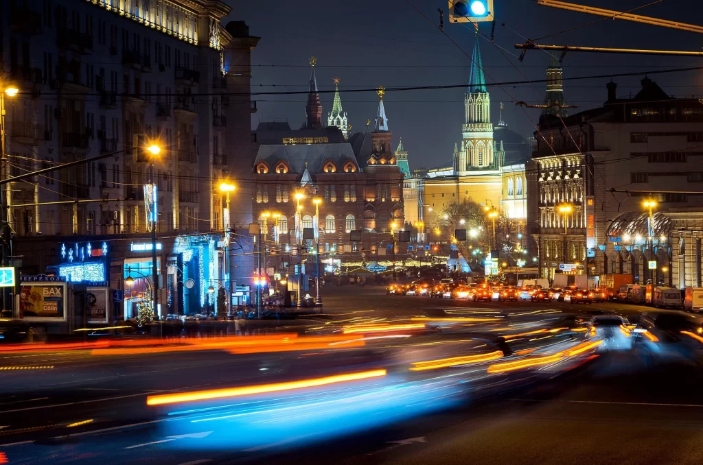 Moscow city centre at night representing Russia, international trade and global market operations.