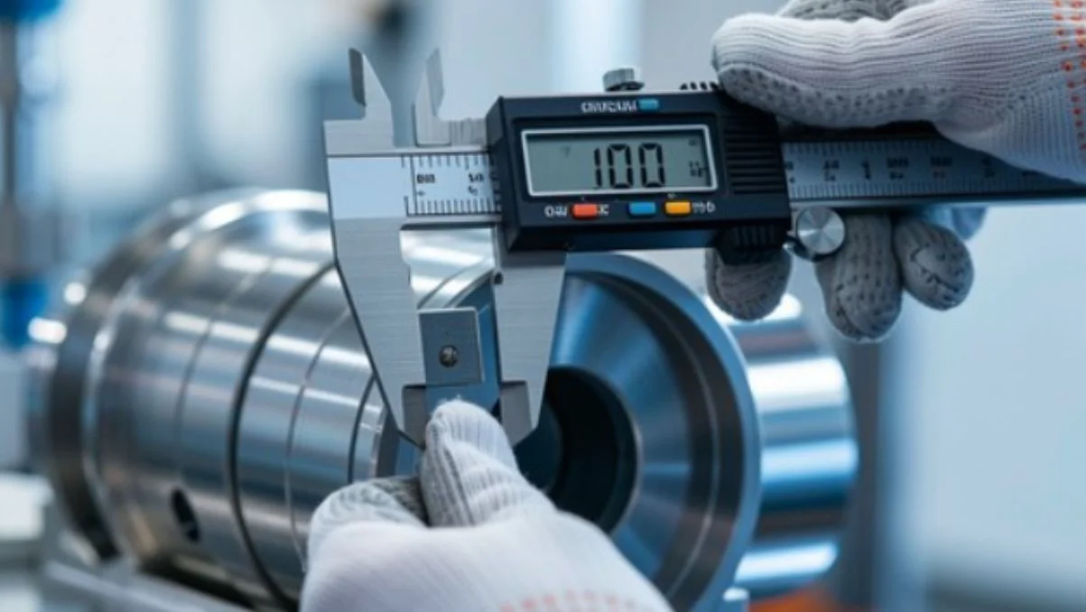 Quality control inspection measuring industrial components to identify quality defects.