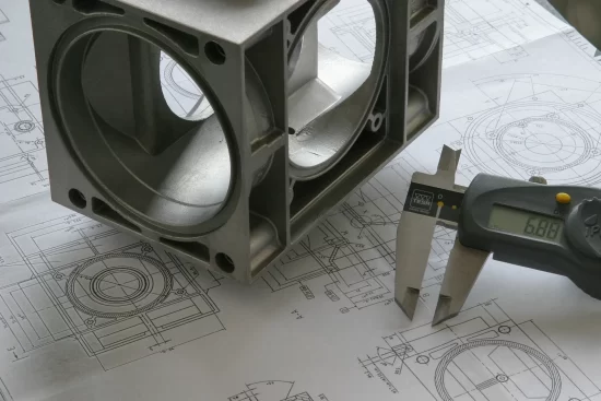 A metal gearbox is placed on technical drawings, next to a digital caliper showing 6.88. The scene conveys precision and engineering focus.